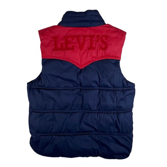 Levi’s Youth Puffer Vest M | Red Blue Sherpa Collar Fleece Lined Zip Snap Retro - Picture 6 of 14